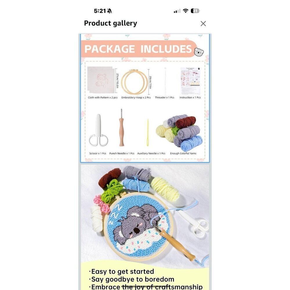 2 Piece Koala Punch Needle Embroidery Kit for Beginners Open Box - Picture 3 of 6